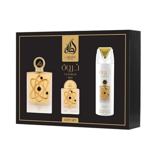 Lattafa Pride Tharwah Gold 3-Piece Gift Set for Women (3.0oz EDP + 0.67oz Travel EDP + 6.78pz Deodorant Spray