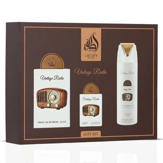 [Lattafa Pride Vintage Radio 3-Piece Gift Set for Unisex (3.0oz EDP + 0.67oz Travel EDP + 6.76oz Deodorant Spray