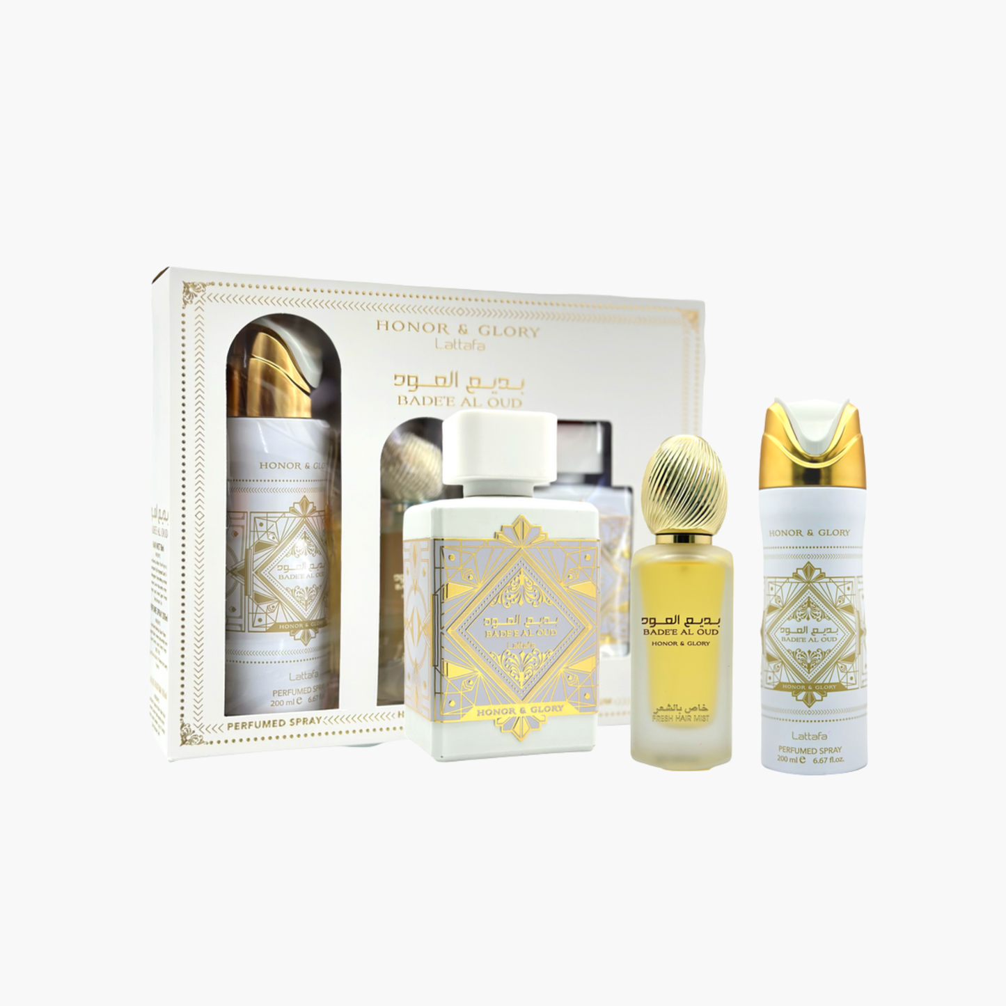 Lattafa Bade'e Al Oud Honor & Glory Unisex 3PC Gift Set EDP Spray 3.4 oz
