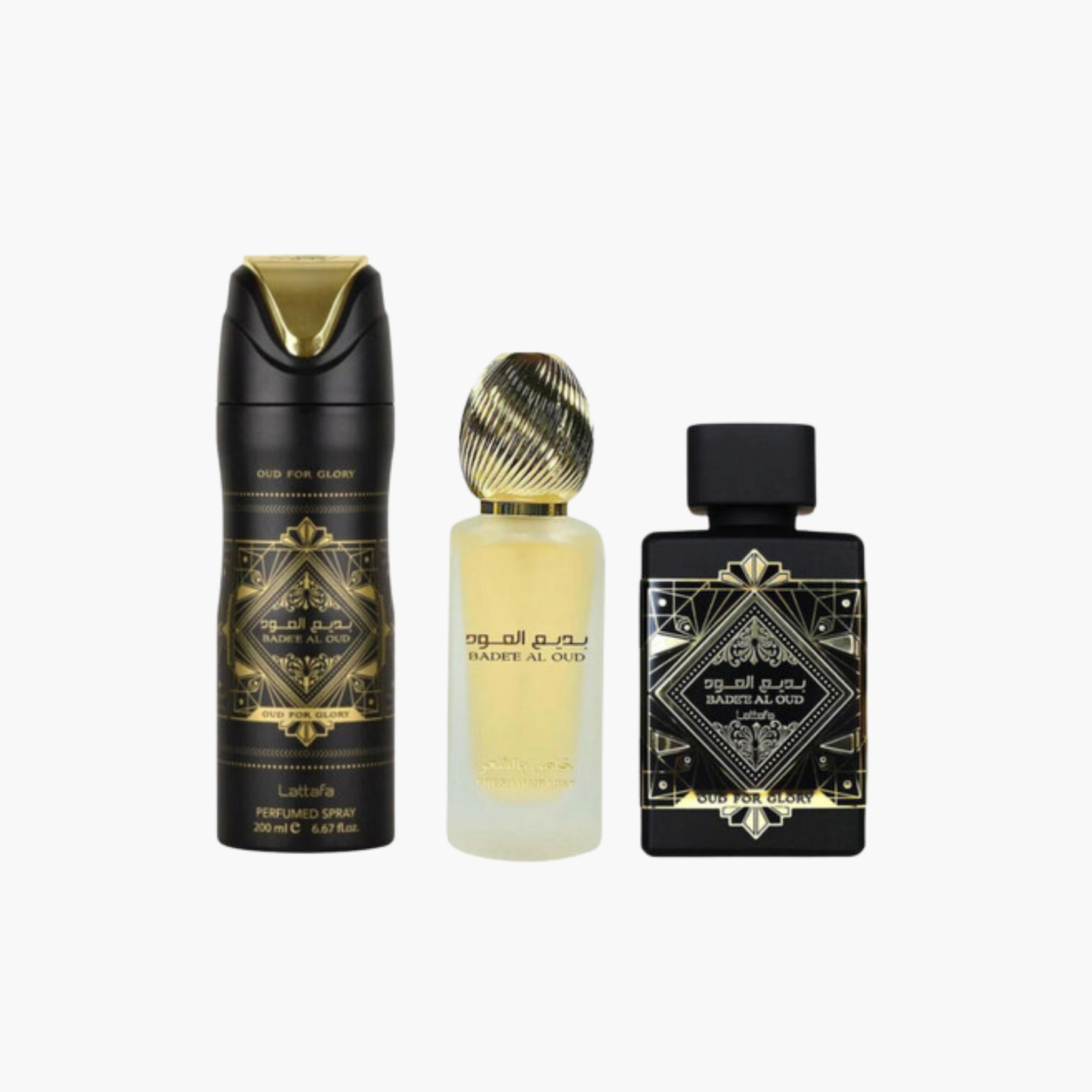 Lattafa Badee Al Oud For Glory 3-Piece Luxury Gift Set – EDP, Deodorant & Body Spray