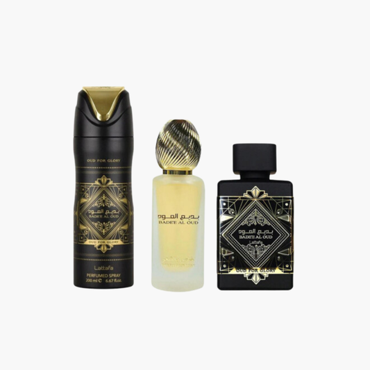 Lattafa Badee Al Oud For Glory 3-Piece Luxury Gift Set – EDP, Deodorant & Body Spray