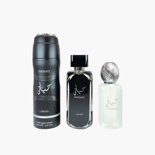 Lattafa Hayaati Black 3-Piece Luxury Gift Set – EDP, Deodorant & Body Spray for Men